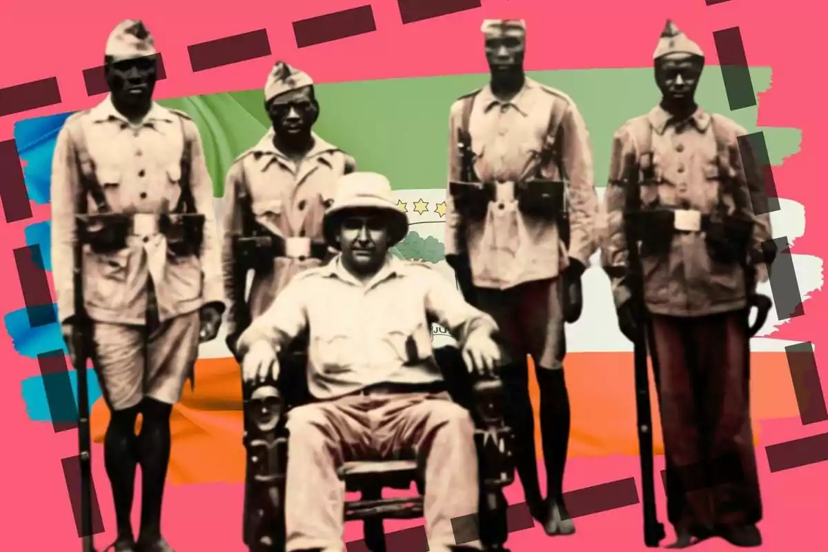 Cinc homes amb uniforme militar posen davant d’una bandera de Guinea Equatorial sobre un fons rosa amb detalls geomètrics foscos.