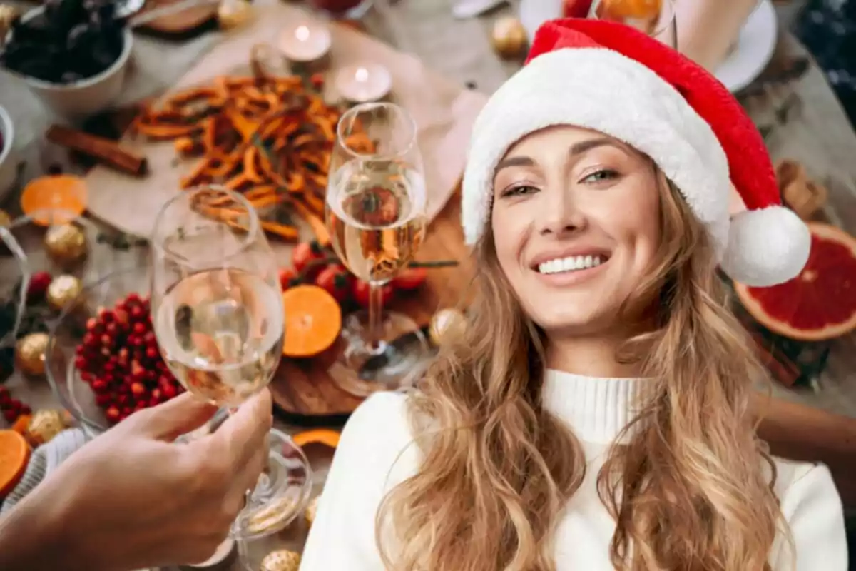 Una dona somrient amb gorra de Nadal sosté una copa de xampany en una taula decorada amb menjar festiu.