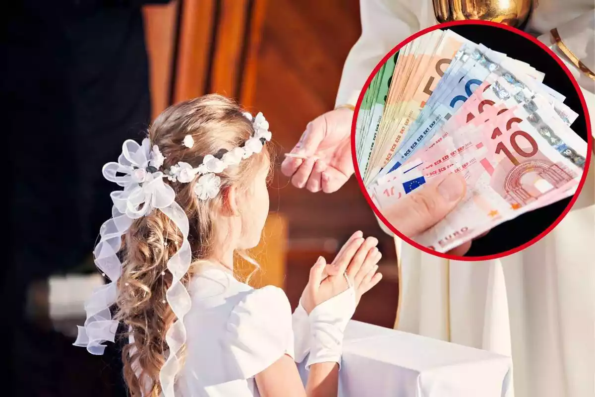 Una nena a la seva primera comunió, i al cercle, diversos bitllets d'euro