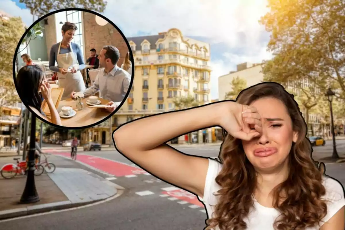 Muntatge amb foto de fons d´un carrer de Barcelona, foto d´una dona trista plorant i foto petita d´un restaurant