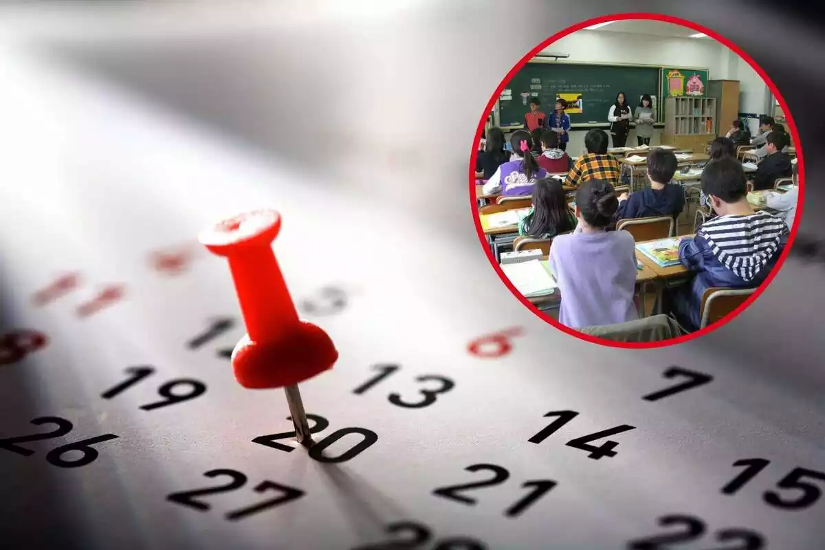 Muntatge de fotos d'un calendari amb una xinxeta marcat el dia 20 i una aula escolar amb nens atenent una classe Muntatge de fotos d'un calendari amb una xinxeta marcat el dia 20 i una aula escolar amb nens atenent una classe