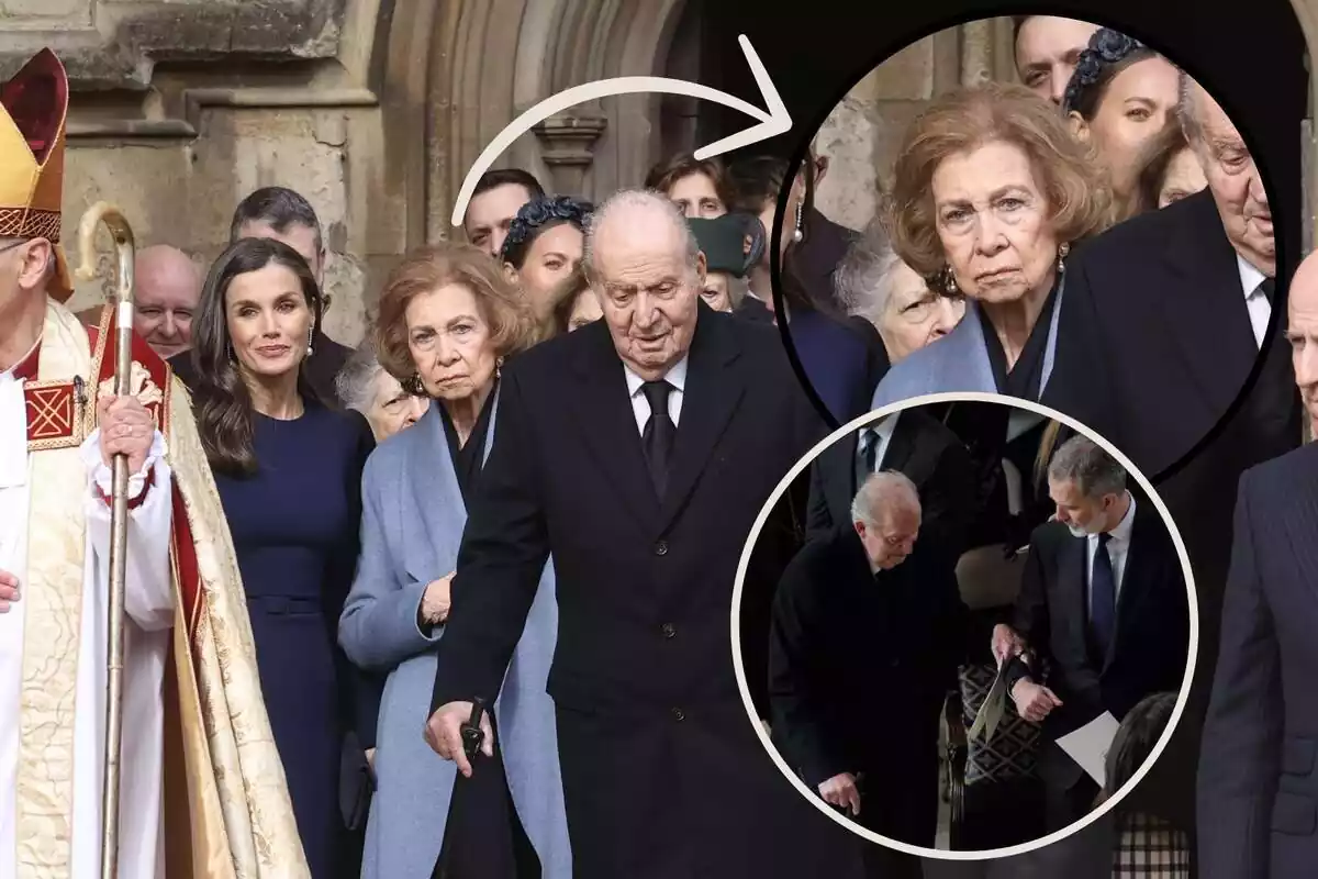 Muntatge amb la reina Sofia molt seriosa al costat de la imatge de l'abraçada entre Felip VI i el seu pare Joan Carles I