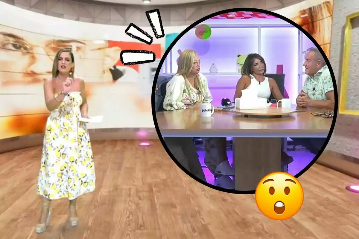 Una presentadora de televisió en un estudi amb un vestit de flors grogues i blanques, mentre que en un cercle es mostra tres persones assegudes en una taula de discussió, acompanyades d'un emoji sorprès.