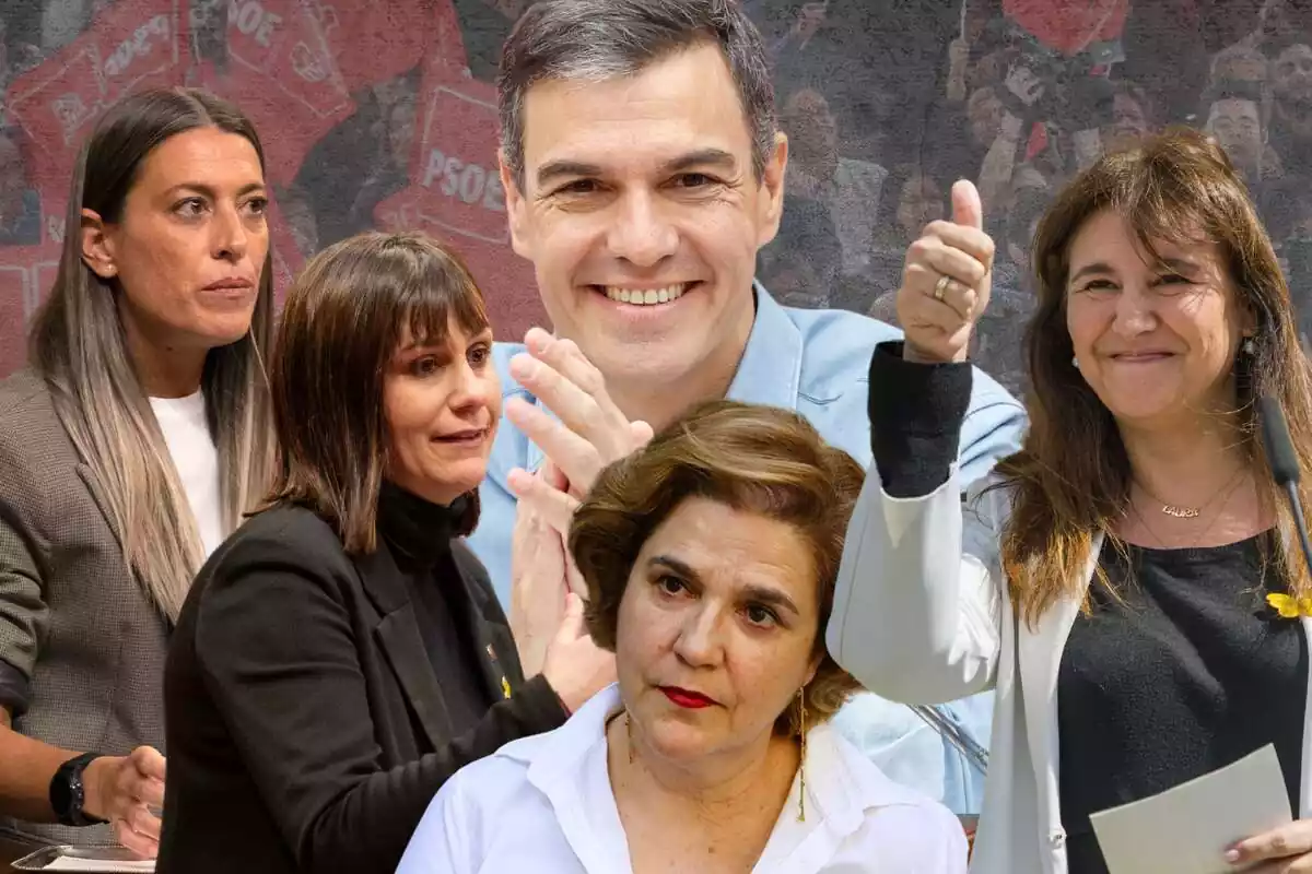 muntatge amb Miriam Nogueras, Aurora Madaula, Pilar Rahola i Laura Borràs, amb Pedro Sánchez molt somrient de fons