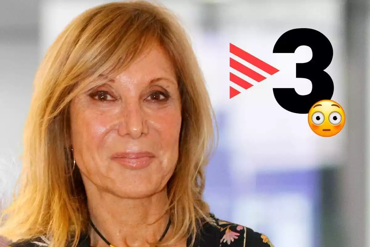 Muntatge amb una imatge de Pilar Eyre al costat del logotip de la televisió catalana TV3 i un emoji enrojolat