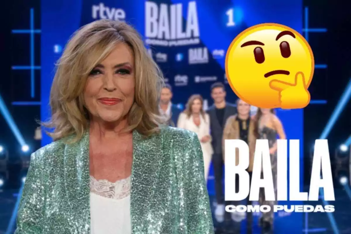 Muntatge dels concursants de 'Baila como puedas', Lydia Lozano somrient amb una blazer brillant, un emoji pensant i el logo del programa