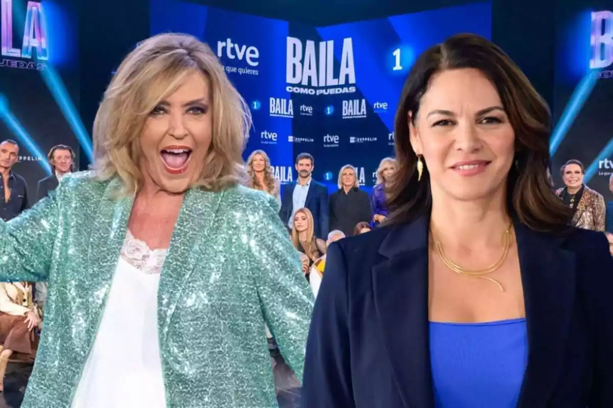 Muntatge dels concursants de 'Baila como puedas', Lydia Lozano feliç amb una blazer brillant i Fabiola Martínez somrient vestida de blau