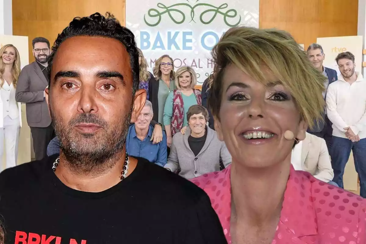 Muntatge amb els concursants de 'Bake Off' al fons, Fidel Albiac amb rostre neutre i Rocío Carrasco rient amb un micròfon