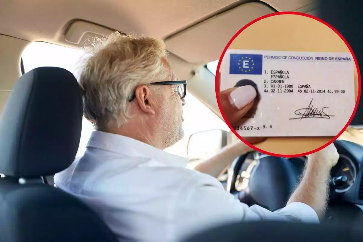 Un home amb ulleres condueix un cotxe, i al cercle, un carnet de conduir