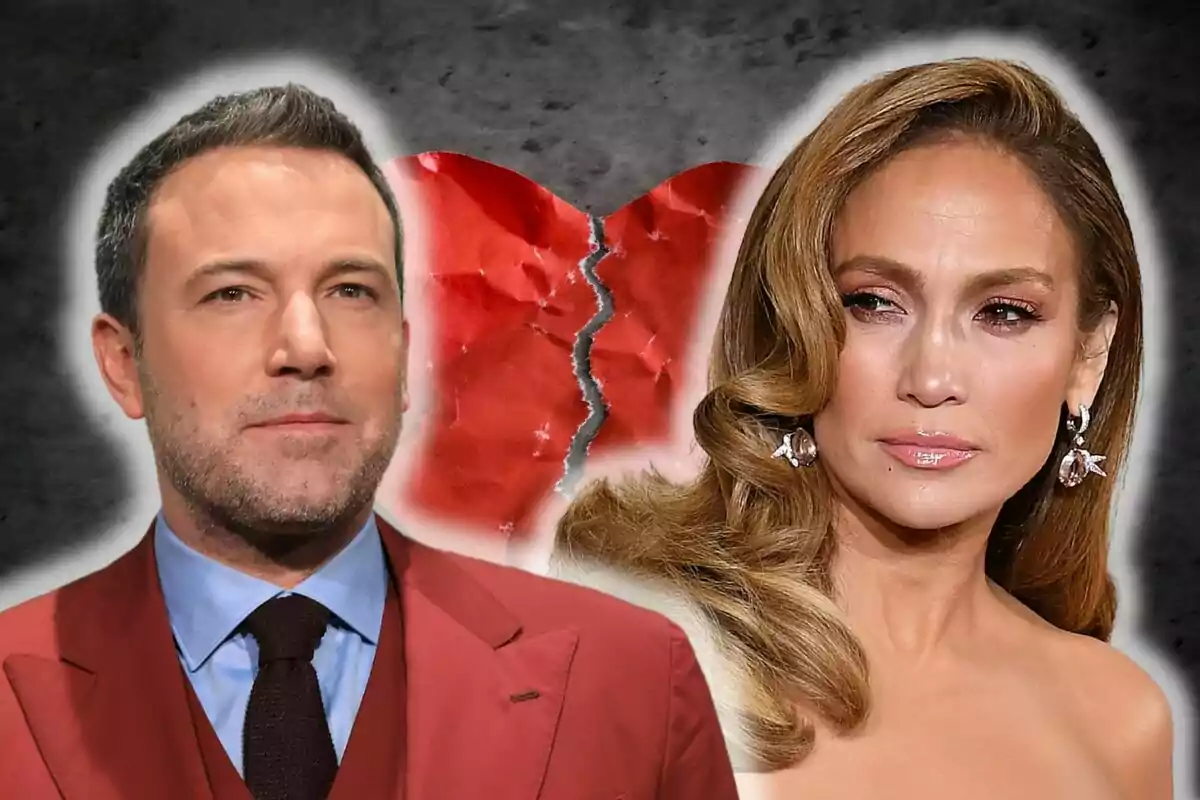 Ben Affleck and Jennifer López with a broken heart background.