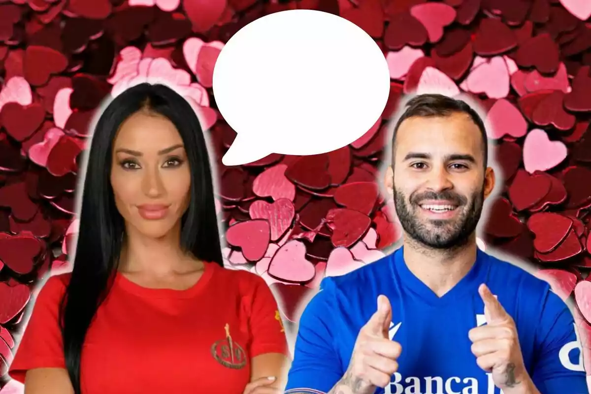 Muntatge de cors vermells al fons, Aurah Ruiz somrient amb la samarreta vermella de Supervivientes, Jesé Rodríguez somrient amb una samarreta blava i assenyalant i un comentari