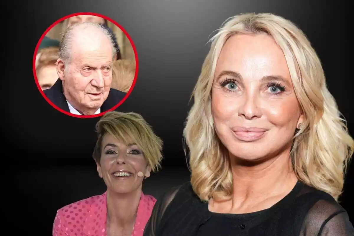 Muntatge de Corinna Larsen somrient davant de Rocío Carrasco vestida per a televisió i una retallada de la cara de Joan Carles I mirant seriosament