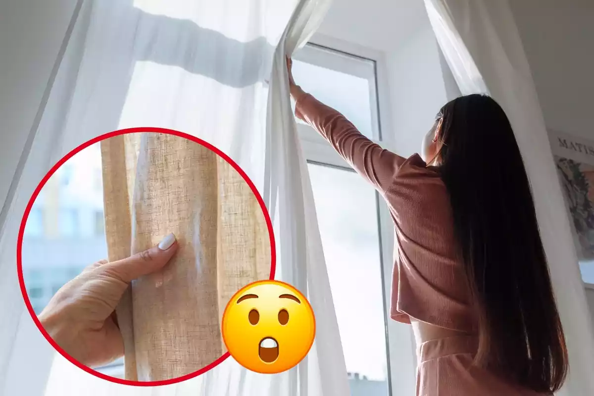 Muntatge amb una noia obrint la cortina per mirar a través de la finestra, un cercle amb una mà tocant una cortina i un emoji de sorpresa