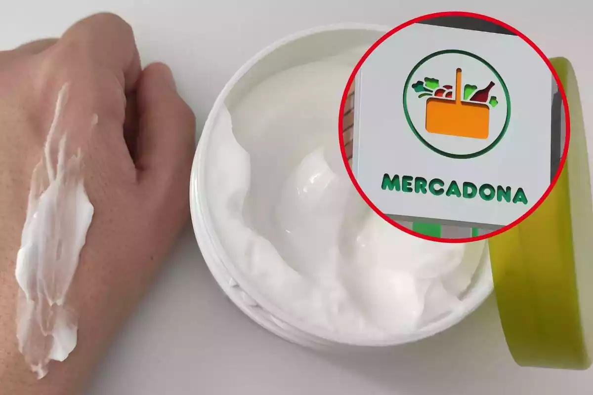 Muntatge amb el pot de crema de la marca Deliplus, una mà amb el mateix producte i un cercle amb el logotip de Mercadona