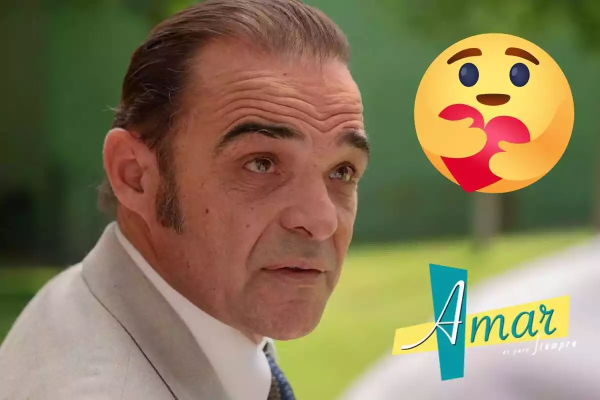 Muntatge del personatge de Crepo a 'Amar es para siempre' seriós, logo de la sèrie i un emoji enamorat