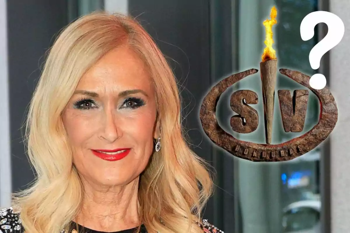 Cristina Cifuentes somrient amb maquillatge d'ulls foscos i llavis vermells, juntament amb un logotip de "SV" amb una torxa encesa i un signe d'interrogació.