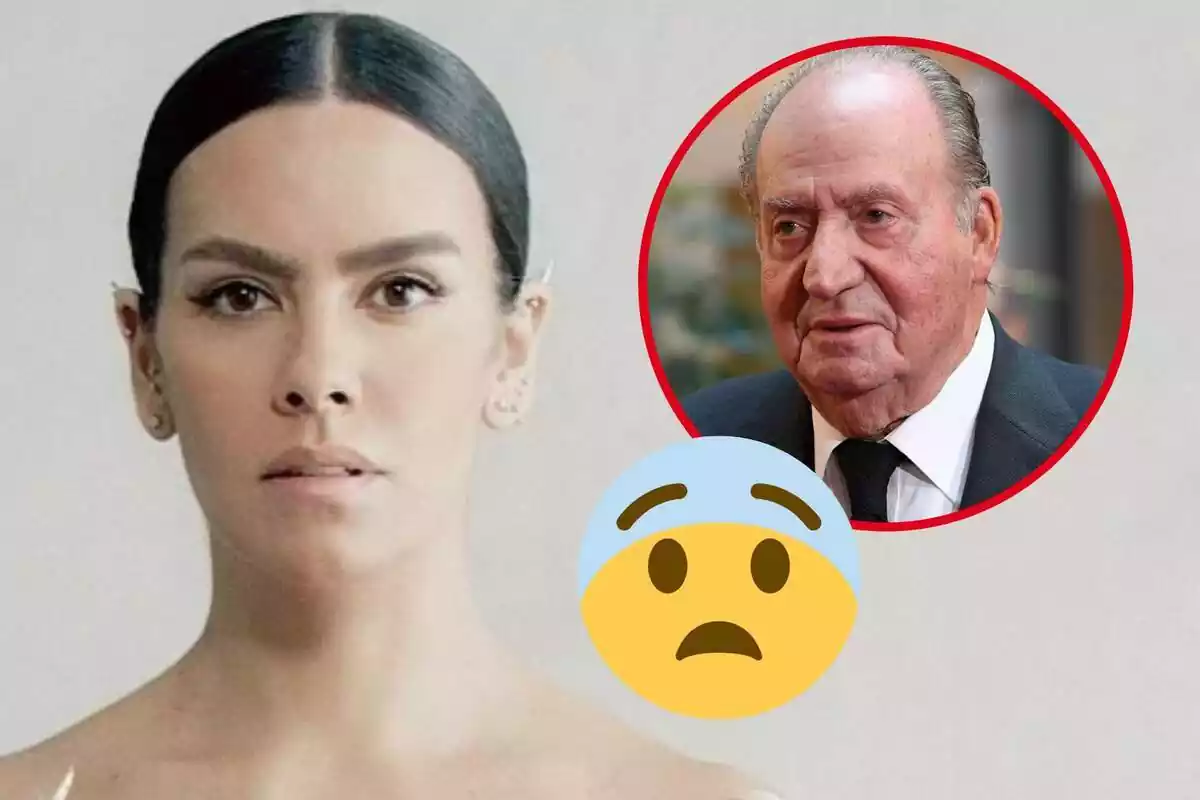 Muntatge de Cristina Pedroche seriosa amb els cabells recollits, Joan Carles I amb el rostre neutre i un emoji espantat