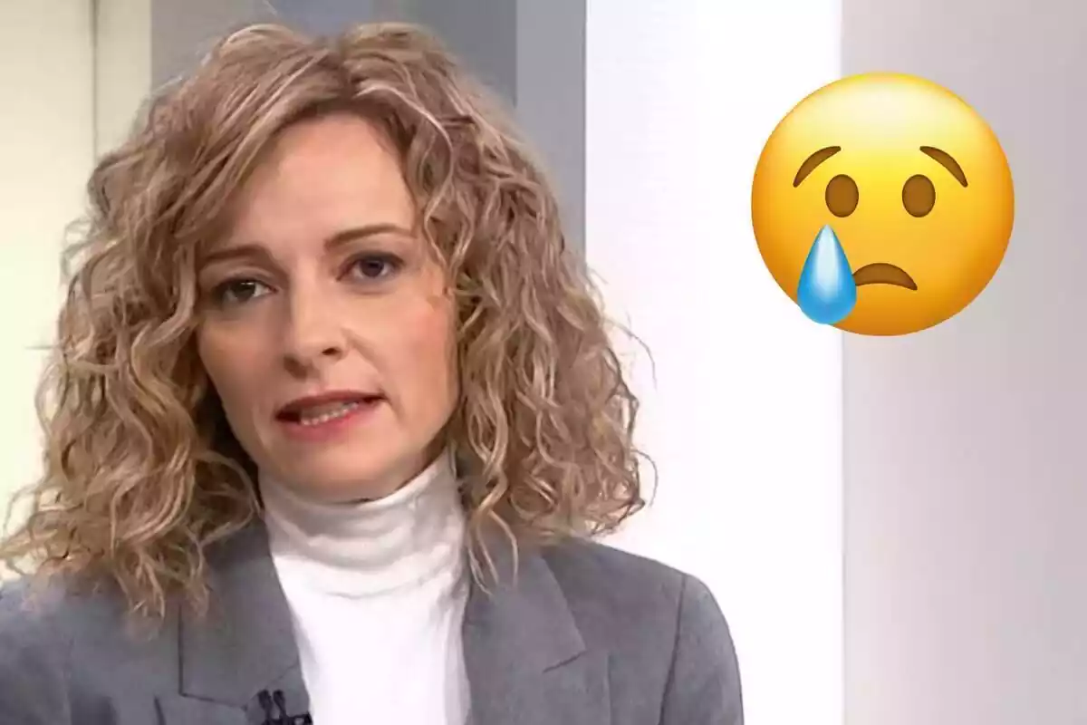 Muntatge de Cristina Riba parlant amb un coll alt blanc i un emoji plorant