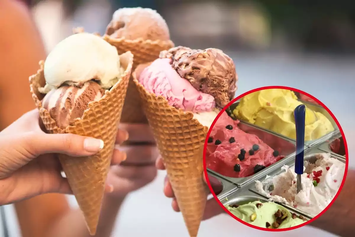 Muntatge amb tres gelats de cucurutxo i un cercle amb un taulell d'una gelateria amb diversos sabors de gelat