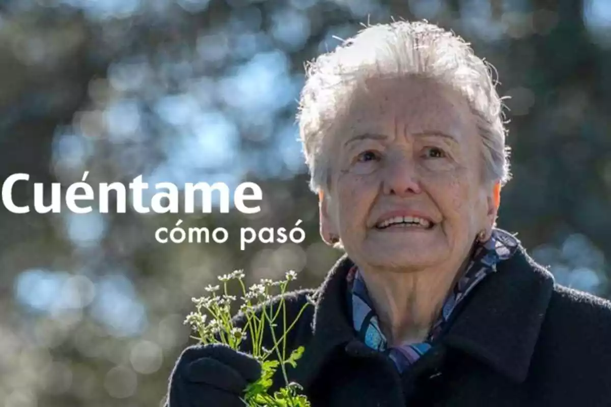 Muntatge d'una captura de 'Cuéntame cómo pasó' amb Herminia amb unes flors a la mà i el logo de la sèrie