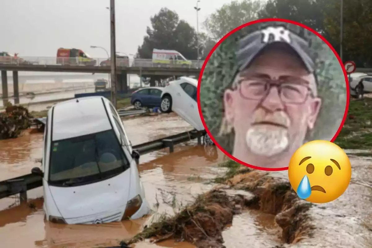 Un cotxe blanc atrapat en una inundació amb un retrat d?un home en un cercle vermell i un emoji plorant superposat.