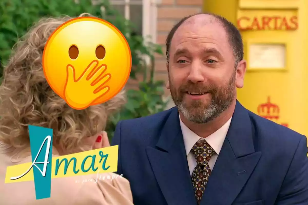 Muntatge d''Amar es para siempre' amb Daniel parlant amb una corbata marró, el logo de la sèrie i un emoji amb la mà a la boca