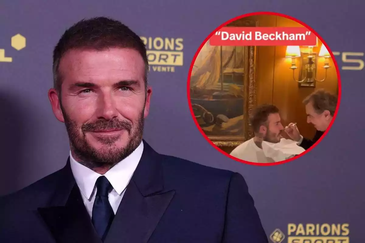 Muntatge amb David Beckham en vestit i una captura de TikTok amb un cambrer donant-li menjar