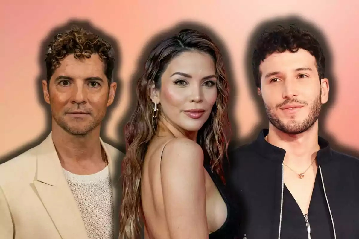 David Bisbal, Rosanna Zanetti, and Sebastian Yatra posing together in front of a gradient background.