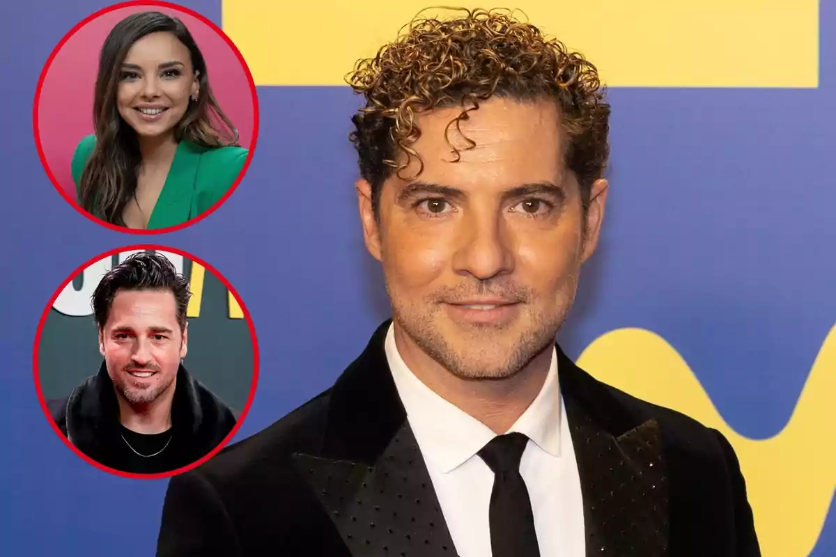 Montaje con David Bisbal, con traje oscuro y corbata posa frente a un fondo colorido, y dos imágenes circulares que muestran a Chenoa y David Bustamante