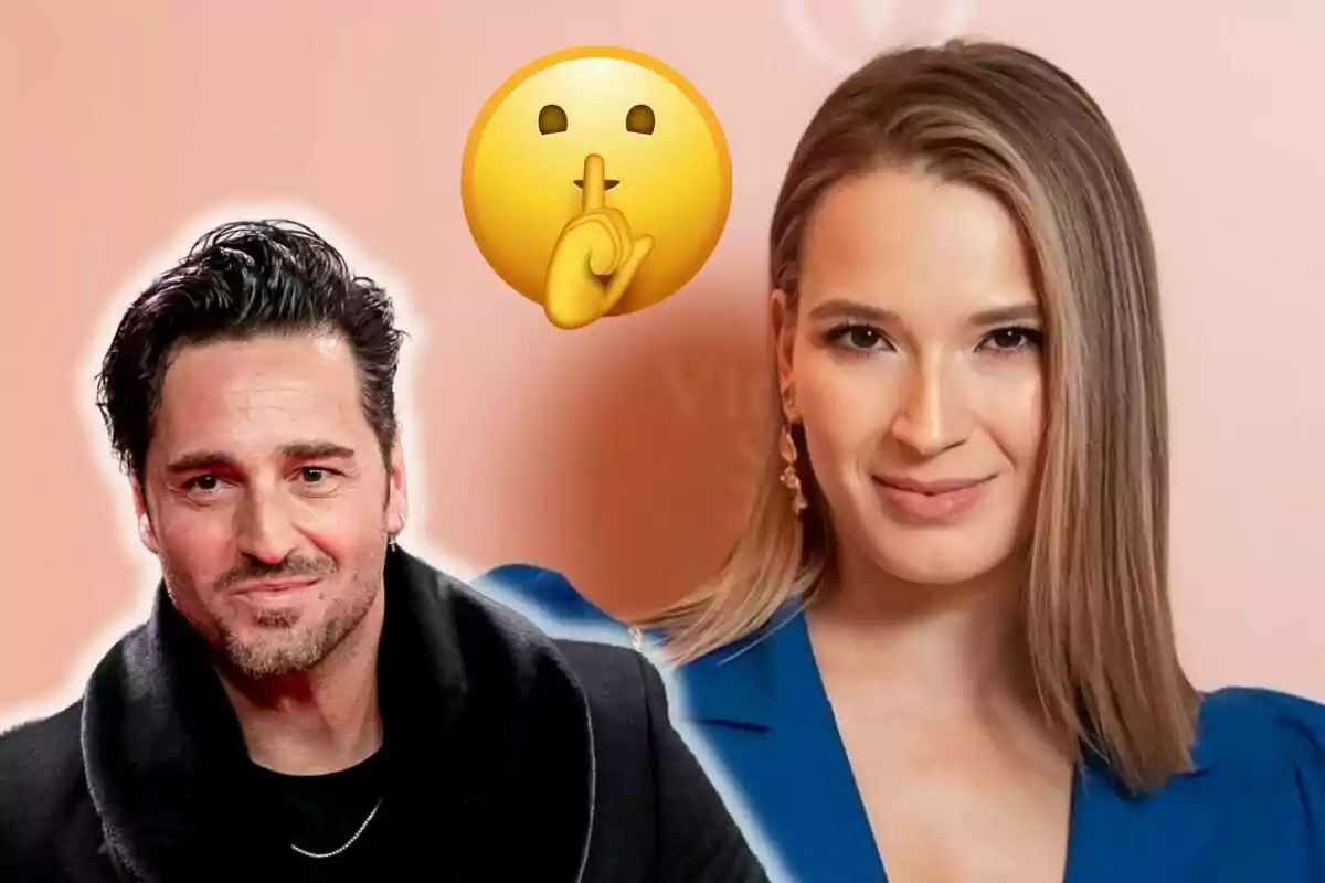 David Bustamante i Yana Olina posen davant un fons color préssec amb un emoji de silenci entre elles.