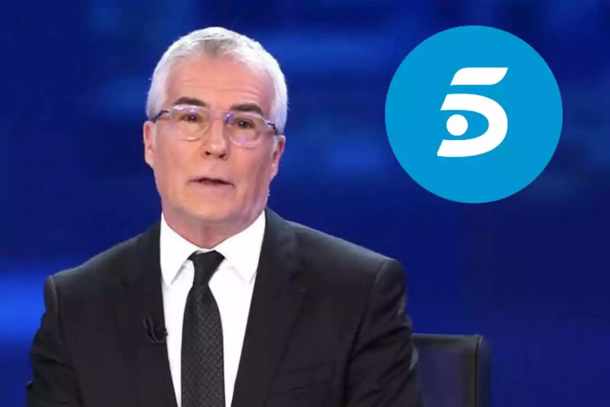 David Cantero in a suit and tie appears in a television studio with Telecinco logo in the background.