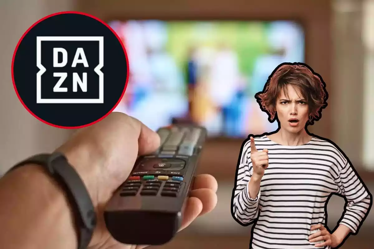 Una dona amb rostre seriós, al fons un comandament a distància i un televisor, i al cercle, el logo de DAZN