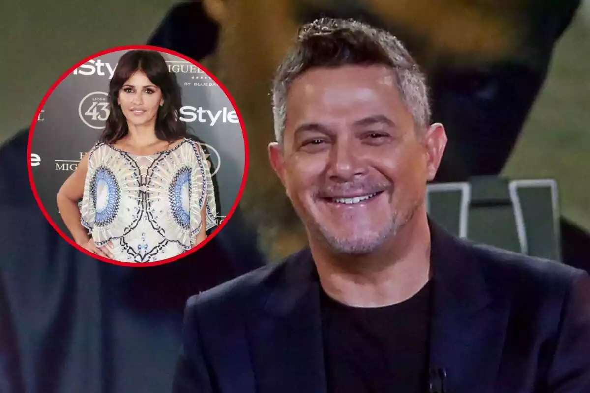 Muntatge d'Alejandro Sanz somrient amb una foto de Mónica Cruz posant en un esdeveniment