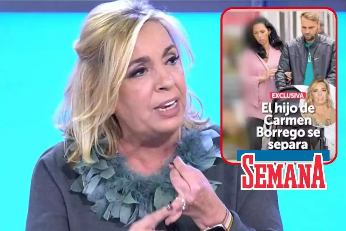 Muntatge de Carmen Borrego al costat de la portada de 'Setmana' que anuncia la separació del seu fill