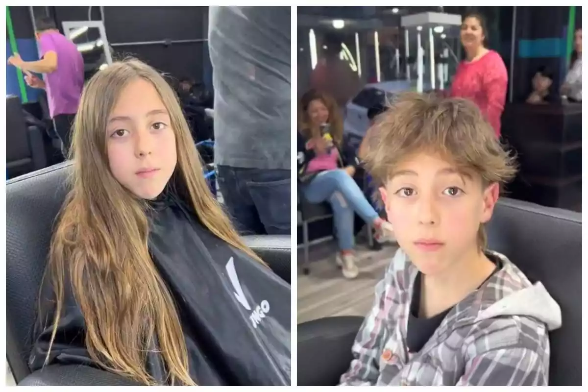 Muntatge de fotos de l'abans i el després d'una noia jove, de banda, després de tallar-se molt els cabells