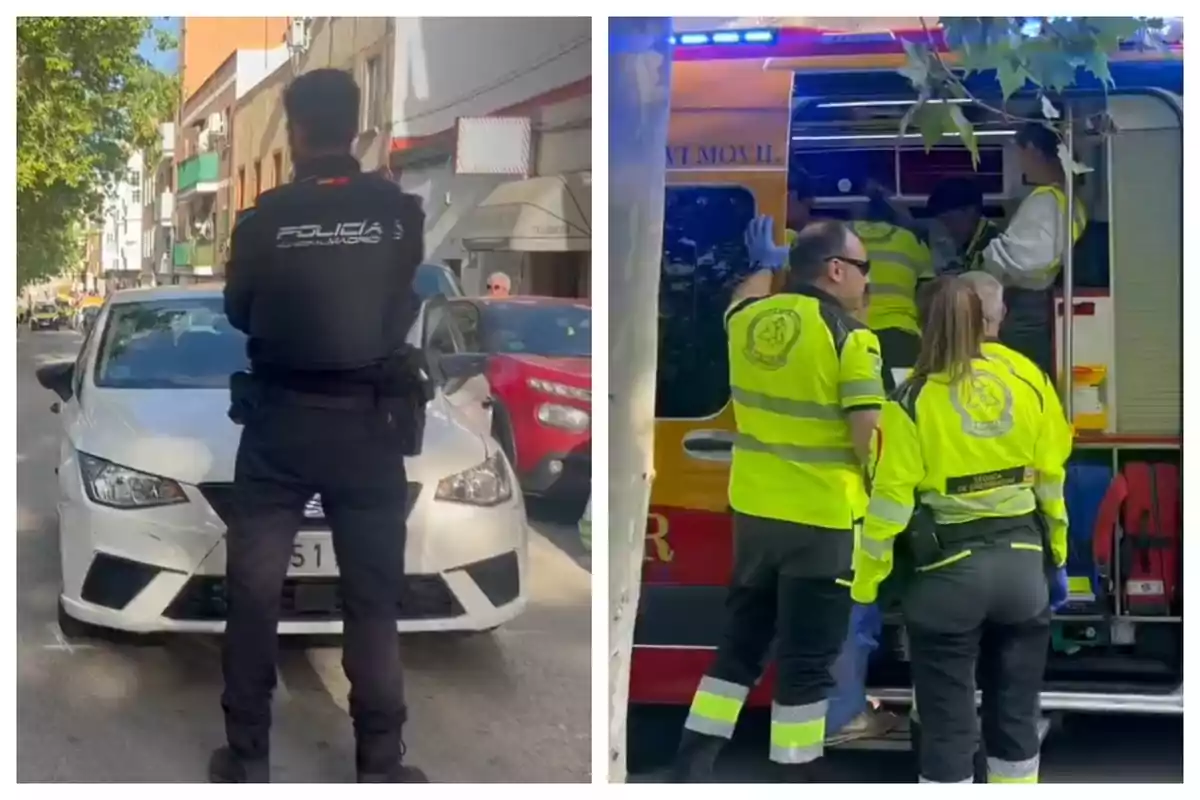 Un policia observa un cotxe blanc en un carrer mentre un grup de paramèdics atén una emergència en una ambulància propera. Un policia observa un cotxe blanc en un carrer mentre un grup de paramèdics atén una emergència en una ambulància propera.