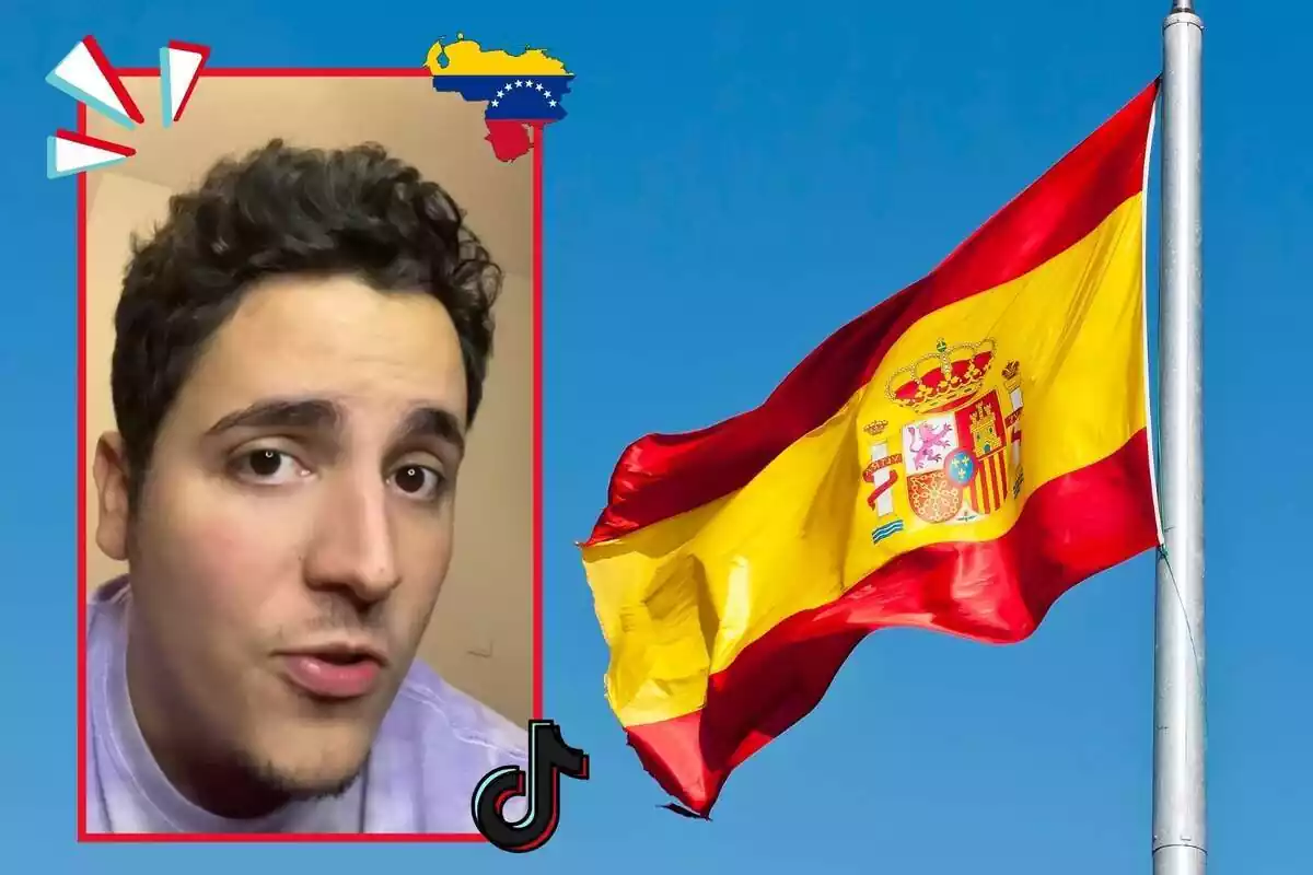Muntatge de dues fotos del tiktoker @carlossdavila08 on apareix amb rostre seriós i, al costat, té la bandera d'Espanya onejant
