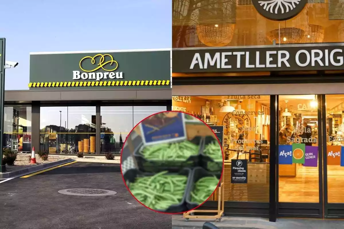 Muntatge de dos supermercats per fora: Ametller i Bonpreu, amb una imatge difuminada de verdura al mig