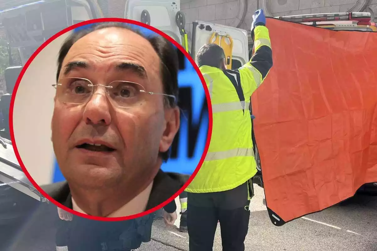 Muntatge de fotos d'Alejo Vidal-Quadras i de fons els tècnics d'Emergències Madrid curant-lo després del tret