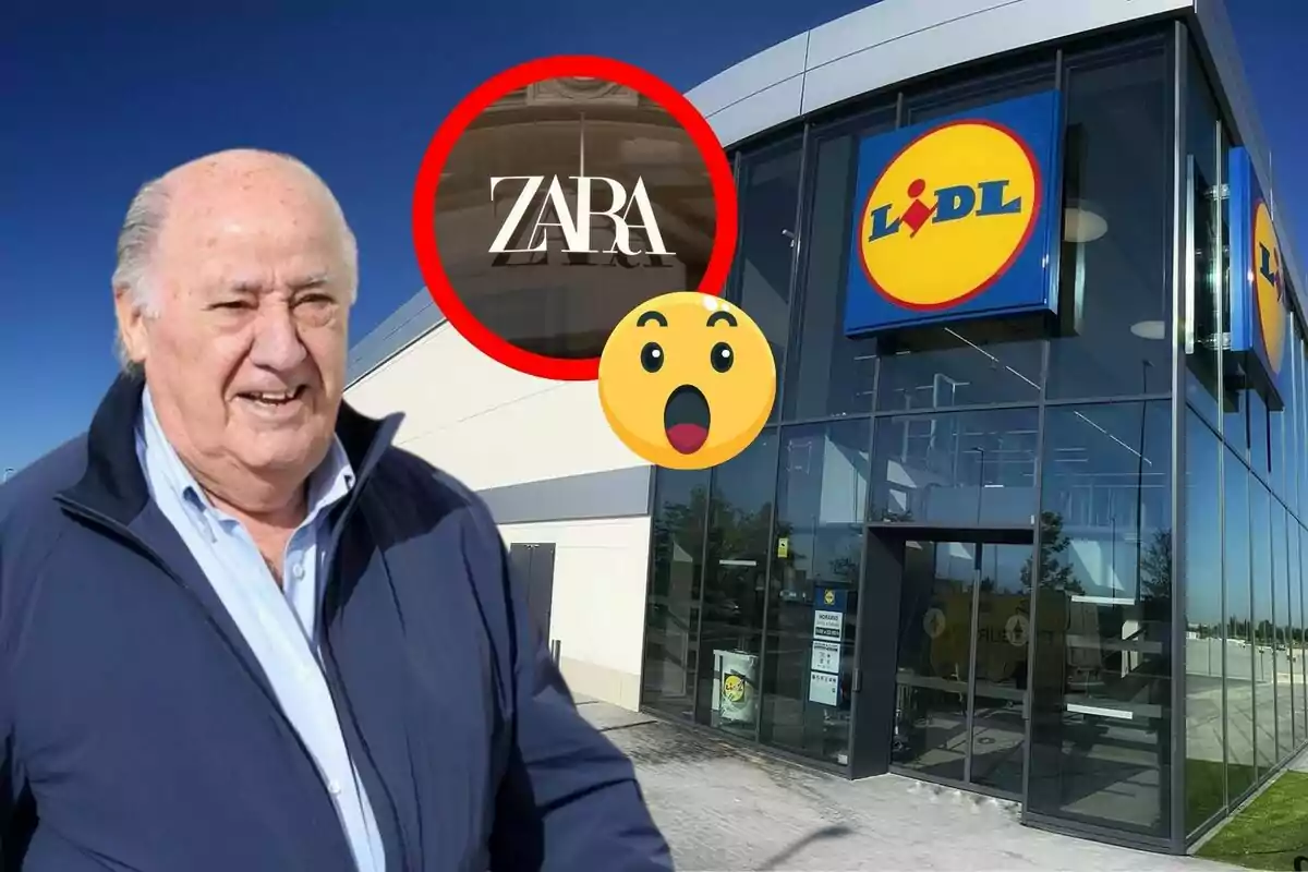 Un hombre mayor sonriente frente a un edificio de Lidl con un logo de Zara y un emoji sorprendido superpuestos.