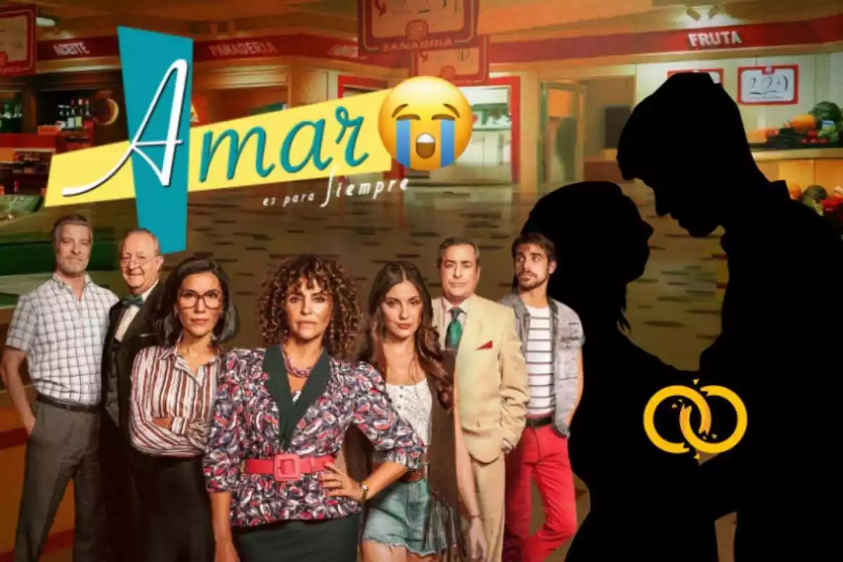 Muntatge de fotos dels principals actors de la sèrie 'Amar es para siempre' i, al costat, la silueta d'una parella amb uns anells trencats en senyal de divorci i un emoji plorant