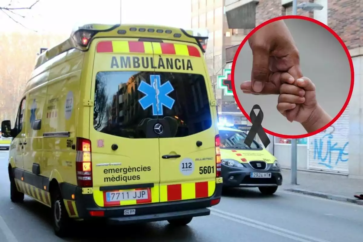 Muntatge de fotos d'una ambulància, dues mans i un llaç negre