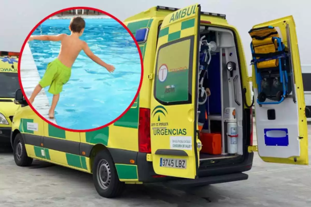 Muntatge de fotos d´una ambulància d´Andalusia amb una rodona al costat que té la imatge d´un nen caient a la piscina