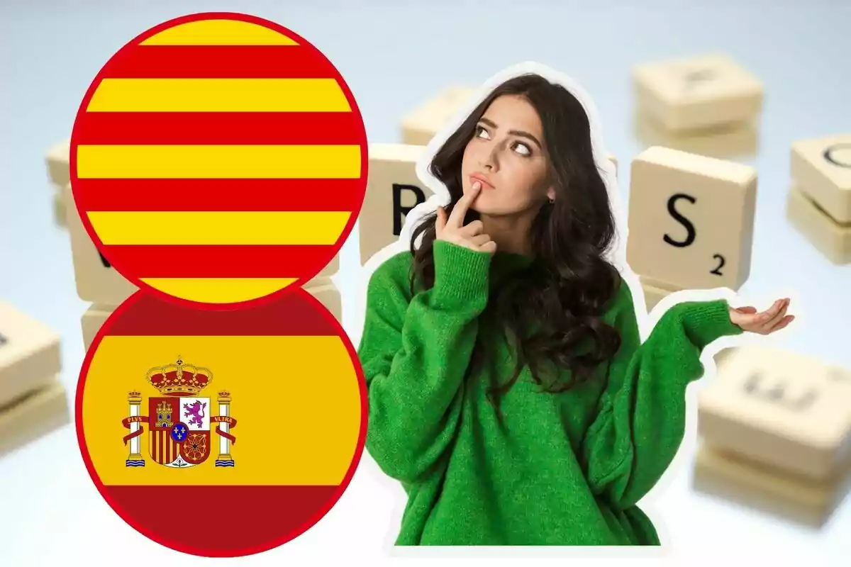 Muntatge de fotos de bandera d´Espanya i Catalunya amb noia pensativa