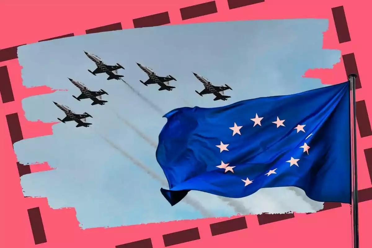 Un grup d'avions de combat vola en formació sobre un cel blau mentre una bandera blava amb estrelles blanques oneja en primer pla, tot emmarcat per un fons rosa amb vores decoratives.