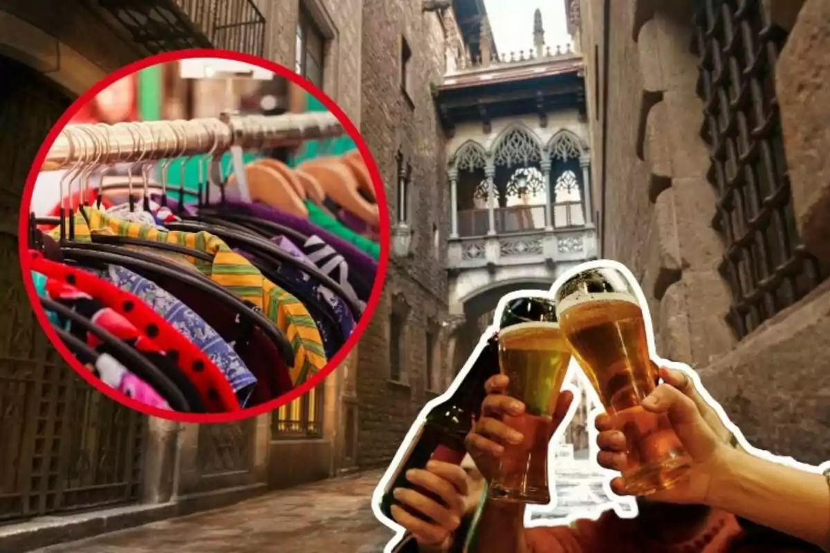 Muntatge de fotos de Barcelona, un mercat de roba i gent brindant amb cervesa