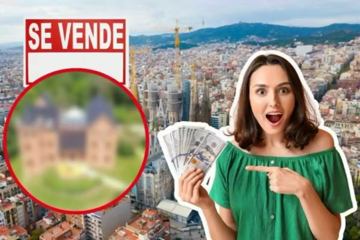 Muntatge de fotos de Barcelona, un cartell de ven, una imatge borrosa i una noia amb diners