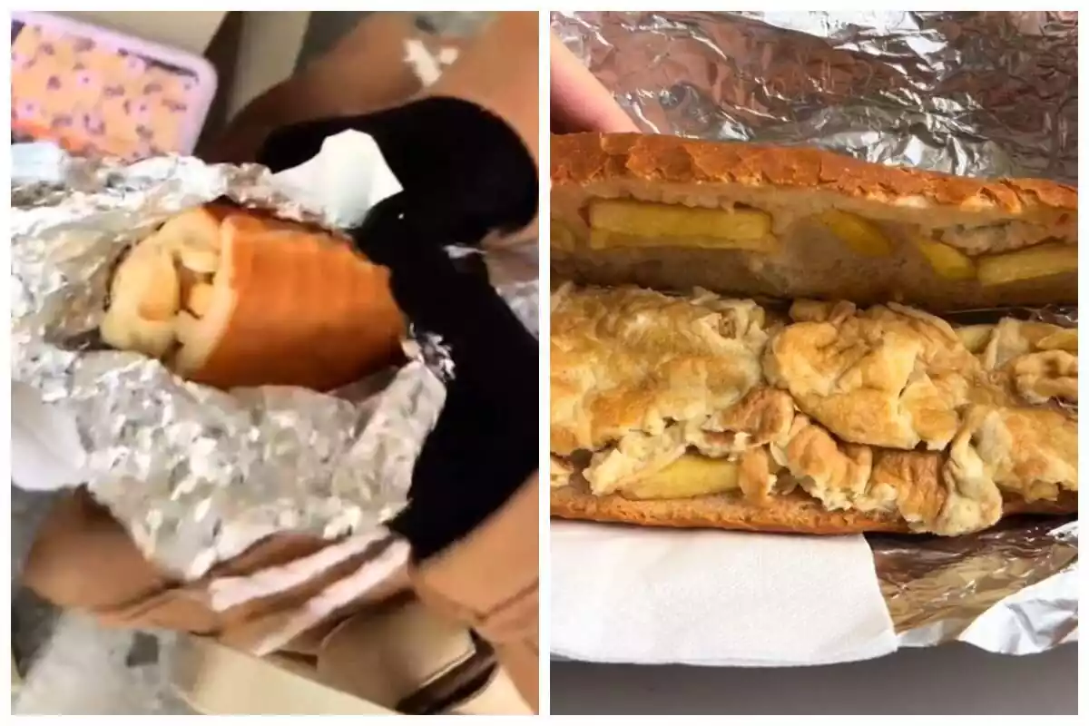 Muntatge de fotos d'un entrepà de truita de patates tretes d'un vídeo pujat a TikTok per l'usuari @Maarttag