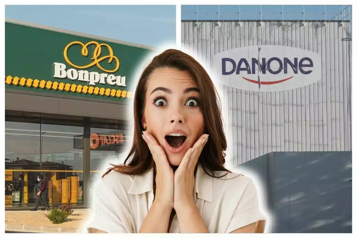 Dona sorpresa davant els logos de Bonpreu i Danone.