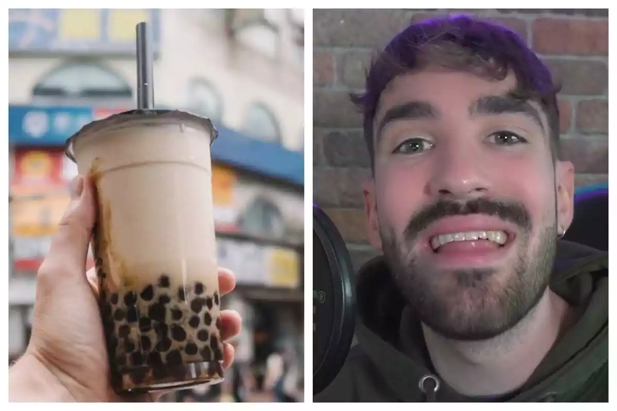 Muntatge de fotos de primer pla del tiktoker @Zambranainfor i, al costat, una imatge d'una mà sostenint un got de bubble tea